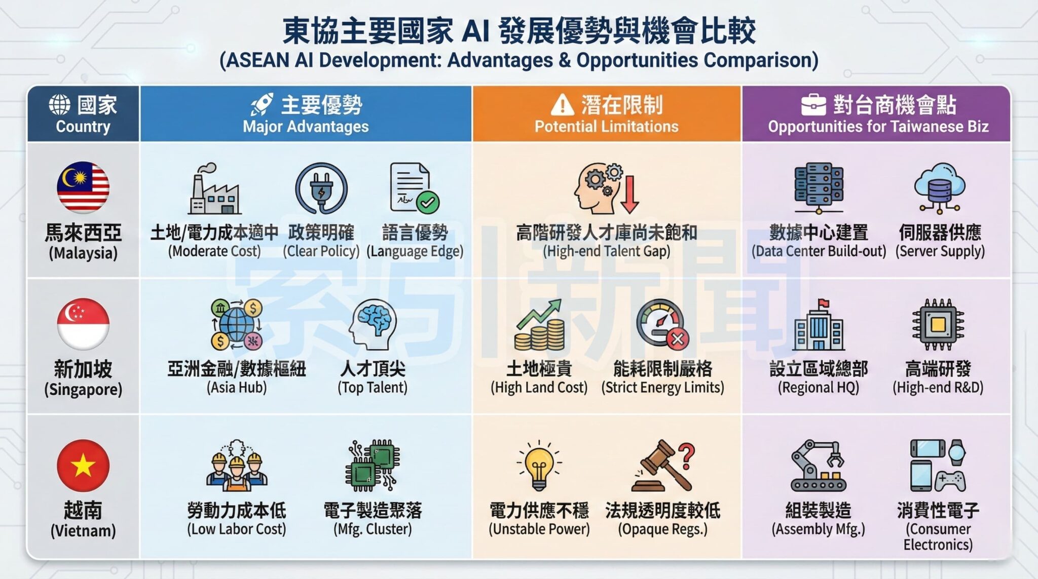 本圖分析東協三國 AI 發展條件。馬來西亞憑藉成本控制與政策支持，成為台商切入數據中心與伺服器硬體商機的關鍵熱點，與新加坡（高端研發樞紐）、越南（組裝製造聚落）形成明確的差異化戰略定位。