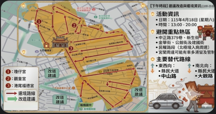 《圖說》下午遶境建議改道資訊圖。〈板橋分局提供〉